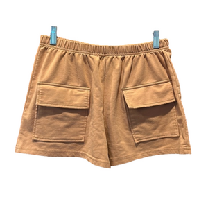 Tan Elastic Waist Flap Pocket Sweat Shorts